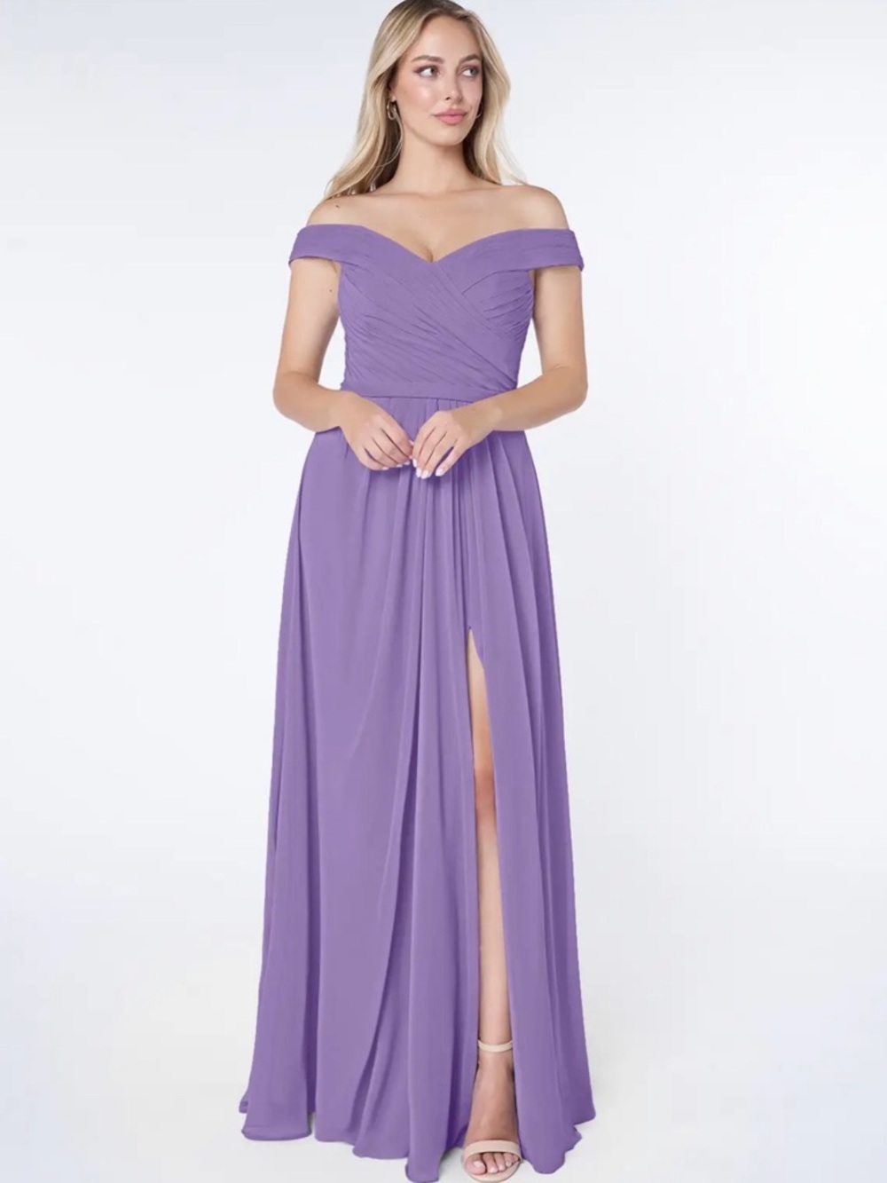 Azazie Audrianna Off-Shoulder Gown with High Slit, men’s tie and pocket square
